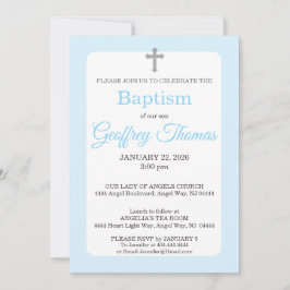 Invitación de Bautizo de Acuarela Azul y Cruz Gris