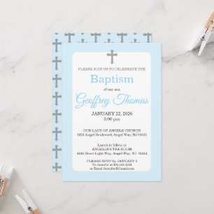 Invitación de Bautizo de Acuarela Azul y Cruz Gris