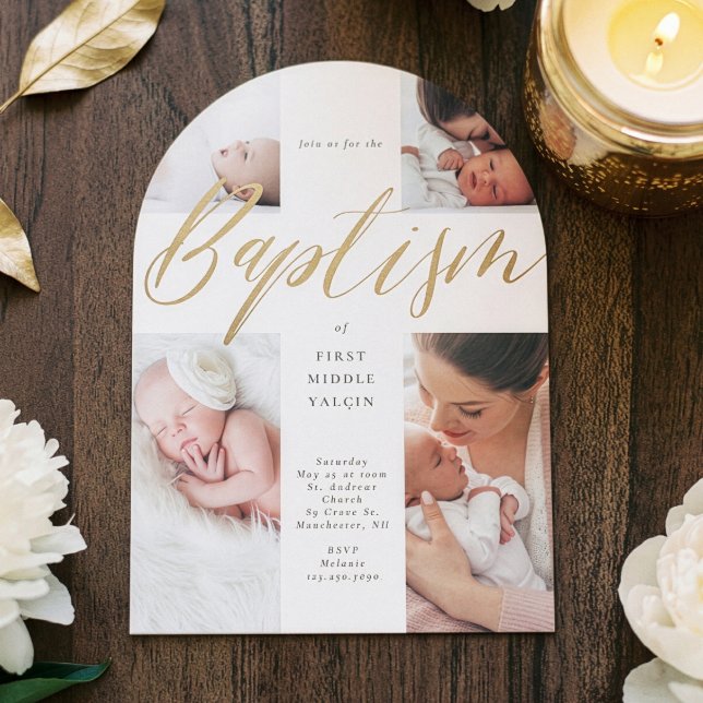 Invitación de Bautizo de Bebé con Foto Collage de  (Gold Calligraphy Photo Collage Baby Baptism Cross Invitation)
