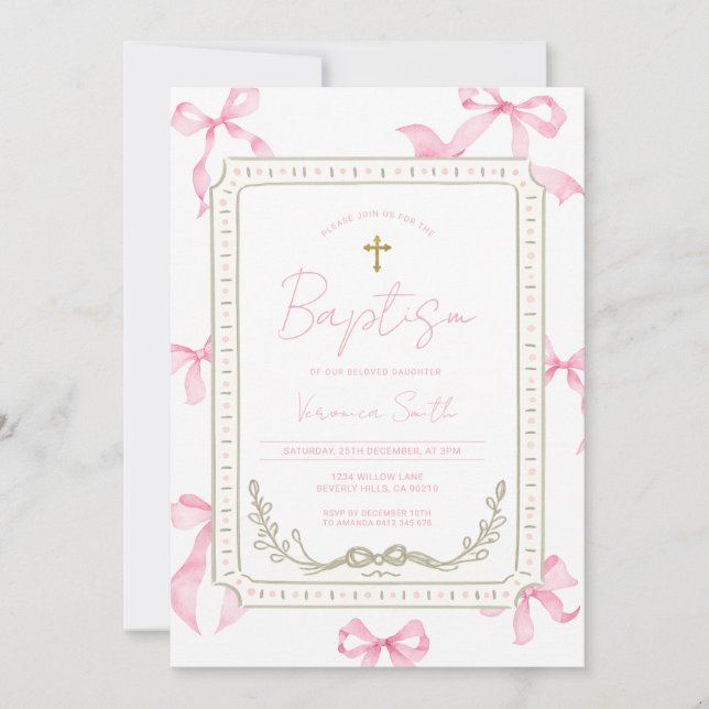 Invitación de Bautizo de Bebé Niña Rosa (Anverso)