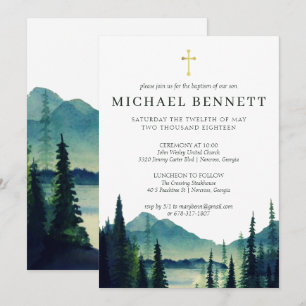 Invitación de Bautizo de Bosque de Montaña Rústico