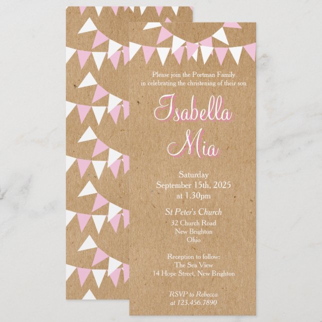 Invitación de Bautizo de Bunting Rosa para Bebé (Anverso / Reverso)