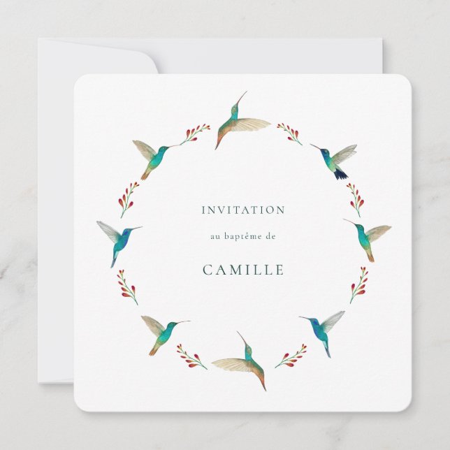 Invitación de Bautizo de Colibrí con Foto del Bebé (Anverso)