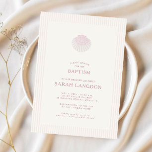 Invitación de bautizo de concha rosa a rayas coste