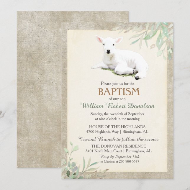 Invitación de Bautizo de Corderito Neutro en Géner (Anverso / Reverso)