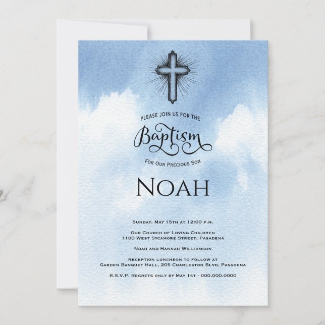 Invitación de Bautizo de Cristo Azul Acuarela (Anverso)