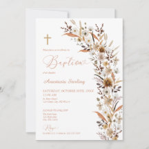 Invitación de Bautizo de Cruz de Flor Silvestre de