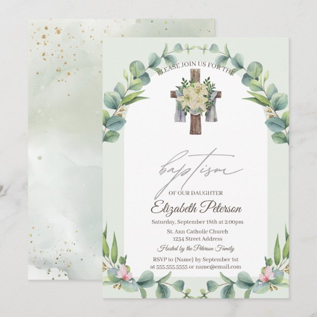 Invitación de bautizo de cruz de madera floral (Anverso / Reverso)