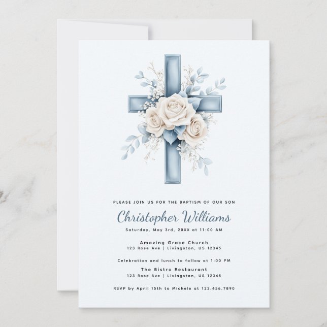 Invitación de Bautizo de Cruz Floral Azul (Anverso)