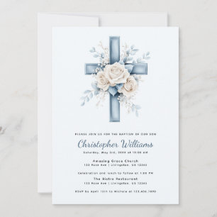Invitación de Bautizo de Cruz Floral Azul