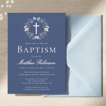 Invitación de Bautizo de Cruz Floral Azul Marinho 