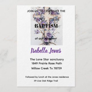 Invitación de bautizo de cruz floral elegante de l