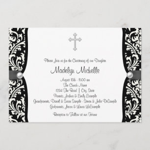 Invitación de bautizo de damasco blanco y negro Pe