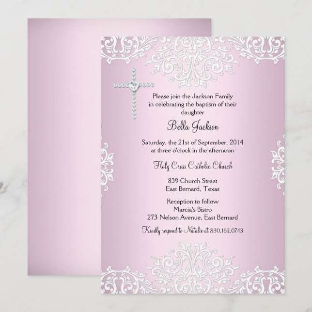 Invitación de Bautizo de Damasco Rosa Blanco (Anverso / Reverso)