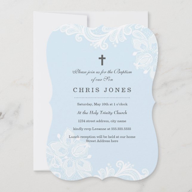 Invitación de bautizo de encaje azul blanco elegan (Anverso)