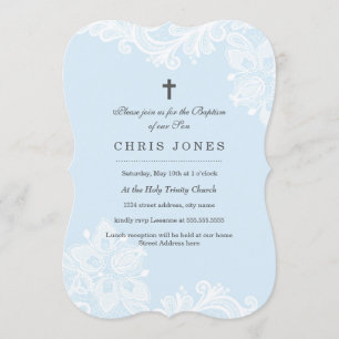Invitación de bautizo de encaje azul blanco elegan