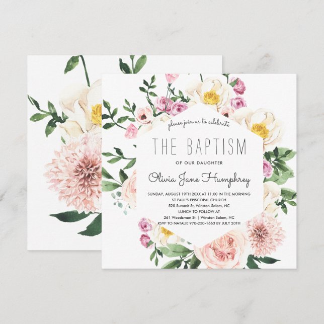 Invitación de Bautizo de Florales de Verano Sonroj (Anverso / Reverso)