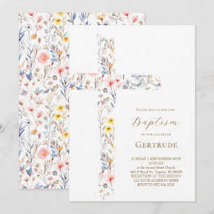 invitación de Bautizo de flores de acuarela cruz