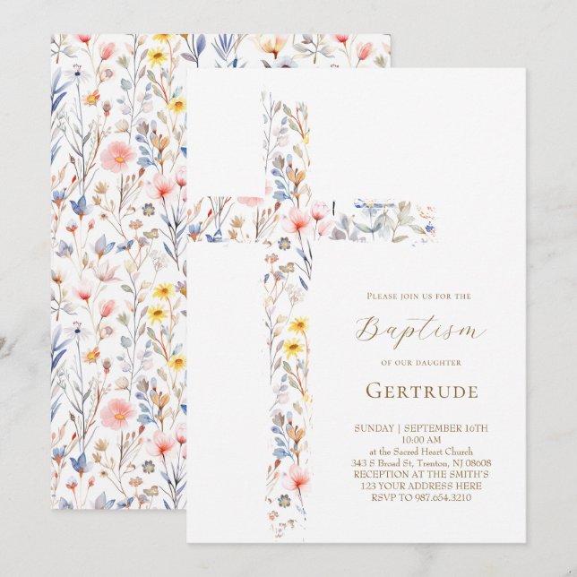 invitación de Bautizo de flores de acuarela cruz (Anverso / Reverso)