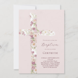 invitación de Bautizo de flores de acuarela cruz