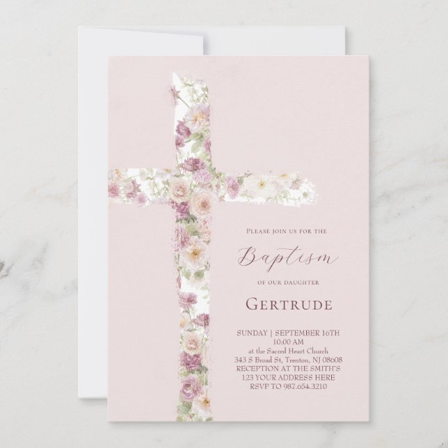 invitación de Bautizo de flores de acuarela cruz (Anverso)
