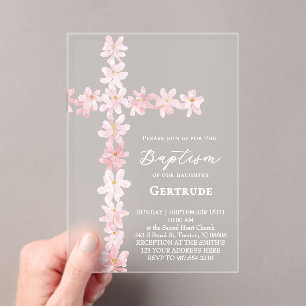 invitación de bautizo de flores rosadas de acuarel