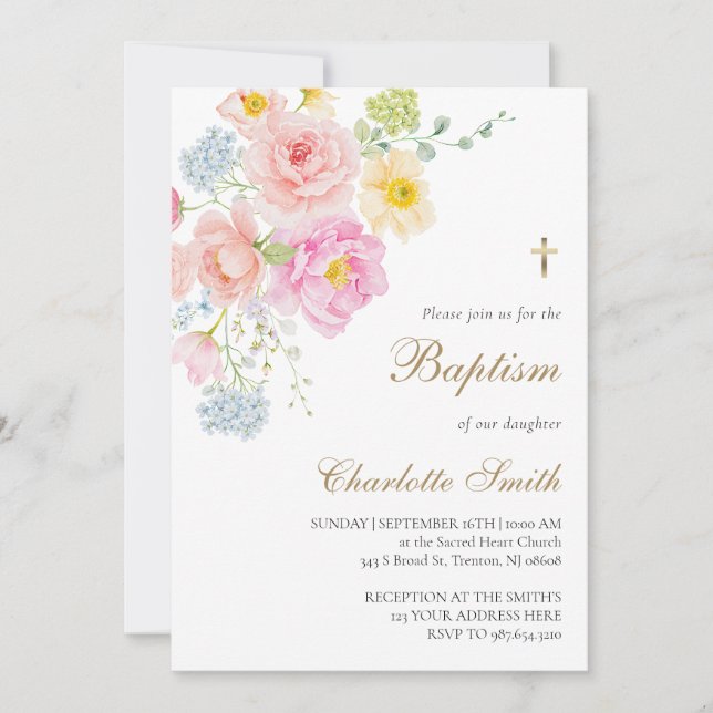 invitación de bautizo de flores silvestres colorid (Anverso)