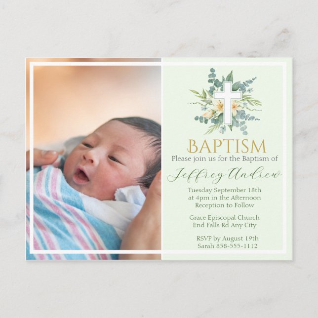 Invitación de Bautizo de Foto Dorada Falsa Floral  (Anverso)