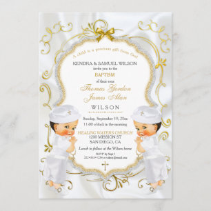 Invitación de Bautizo de Gemelos Niño Cruz de Oro 