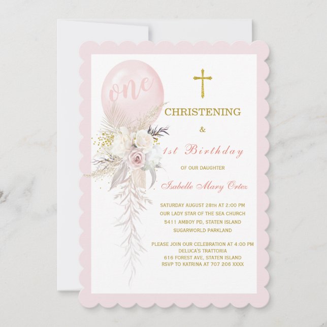 Invitación de Bautizo de Globo y Primer Cumpleaños (Anverso)