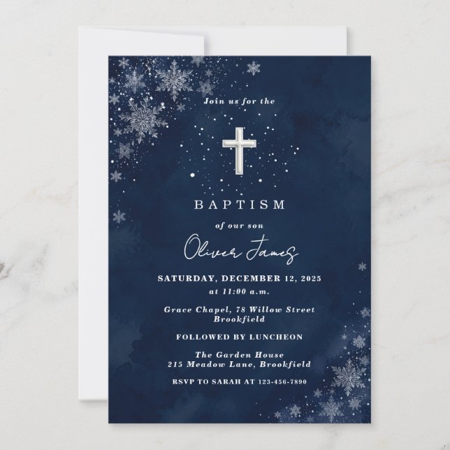 Invitación de Bautizo de Invierno Copos de Nieve d (Anverso)