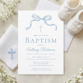 Invitación de Bautizo de lazo azul moderno para ni