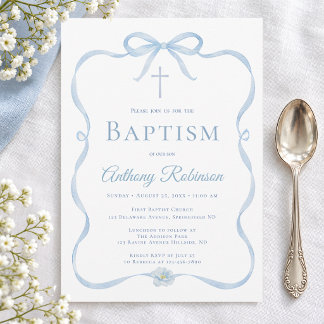 Invitación de Bautizo de Lazo Azul Moderno para Ni