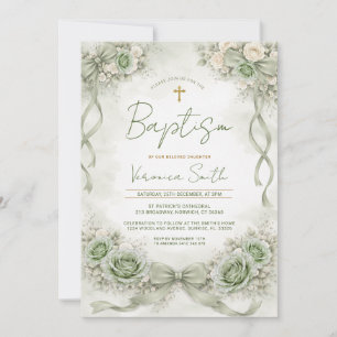 Invitación de Bautizo de Lazo Floral Verde Salvia