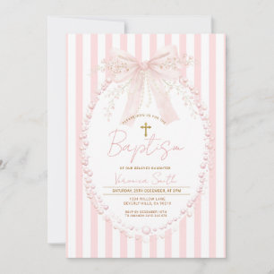 Invitación de Bautizo de Lazos Rosados con Rayas C