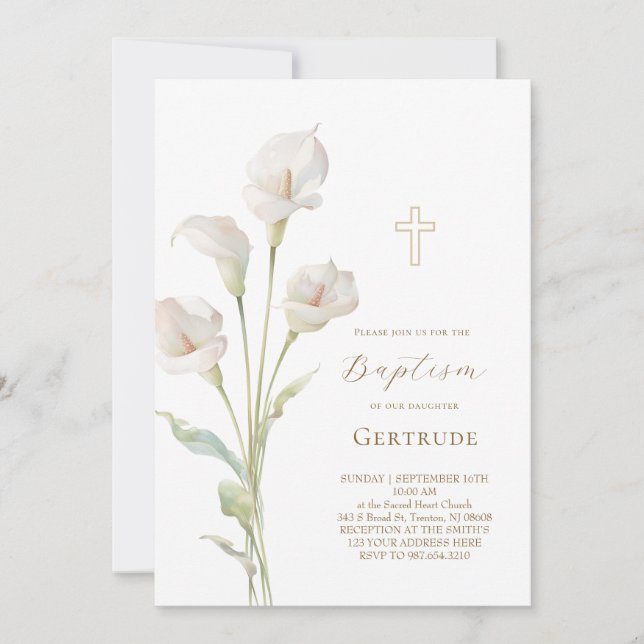 Invitación de Bautizo de lirio de Calla (Anverso)