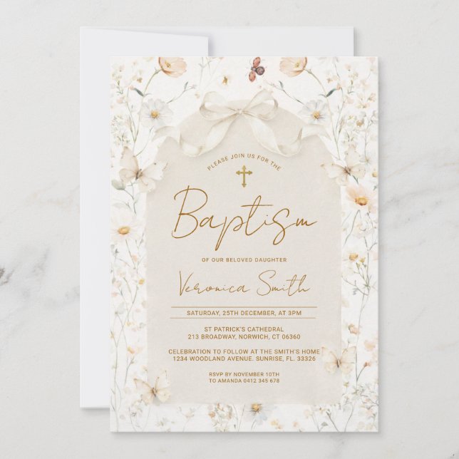 Invitación de Bautizo de Marfil con Flores Silvest (Anverso)