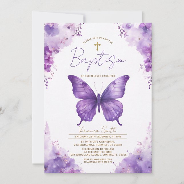 Invitación de Bautizo de Mariposa Morada (Anverso)