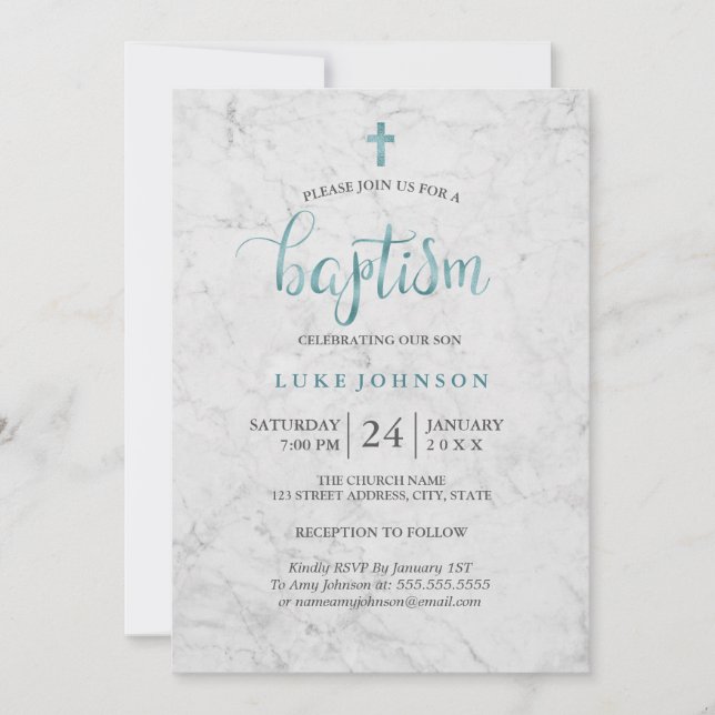Invitación de Bautizo de Mármol Azul Moderno (Anverso)