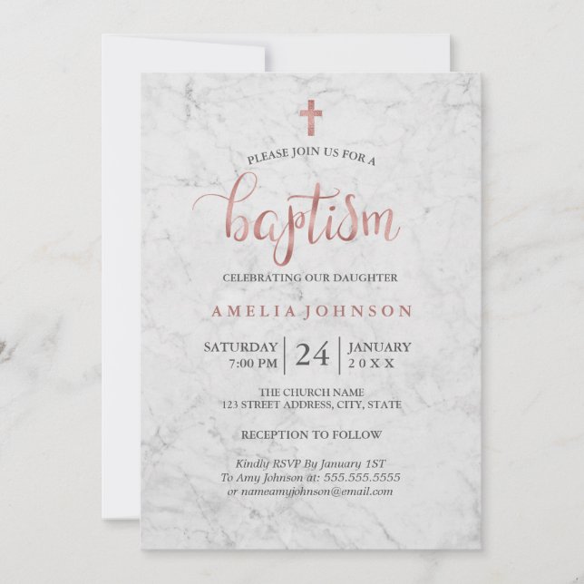 Invitación de bautizo de mármol falso rosa dorado (Anverso)