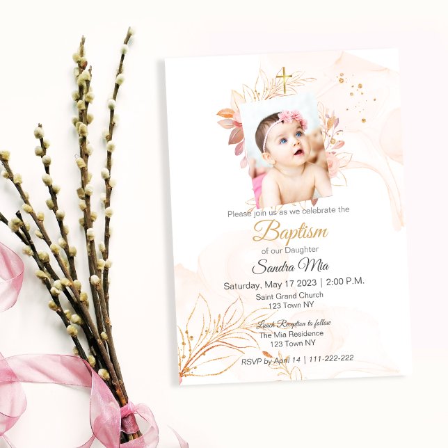 Invitación de Bautizo de Melocotón Dorado (Gold Peach Baptism Invite)
