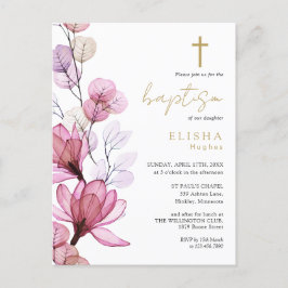 Invitación de bautizo de monograma floral rosa pol