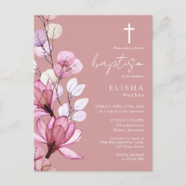 Invitación de bautizo de monograma floral rosa pol