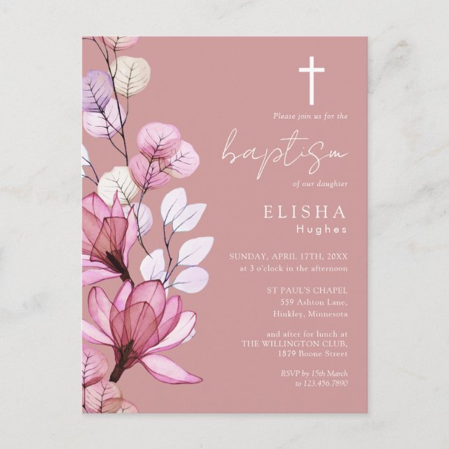 Invitación de bautizo de monograma floral rosa pol (Anverso)