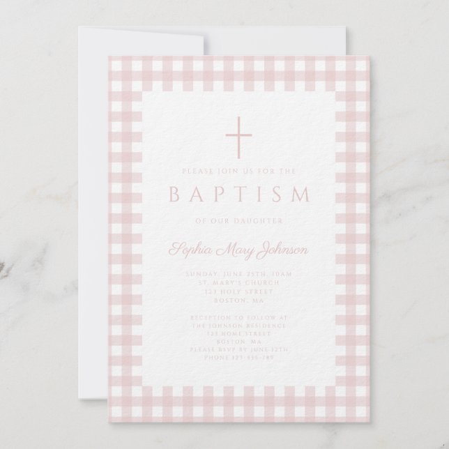 Invitación de Bautizo de Niña a Cuadros Rosa Elega (Anverso)