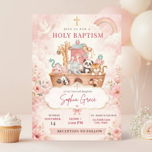 Invitación de Bautizo de Niña Arca de Noé Rosa