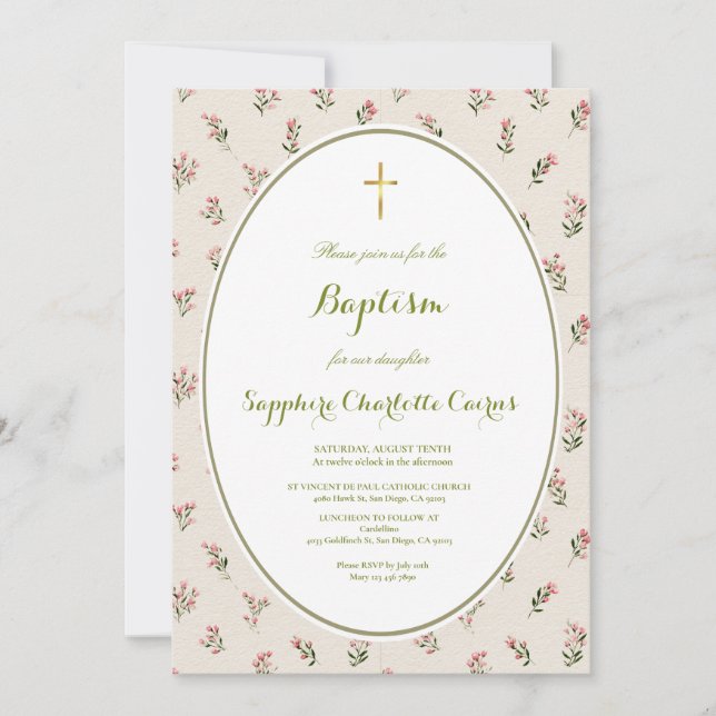 Invitación de Bautizo de Niña con Acuarela de Flor (Anverso)
