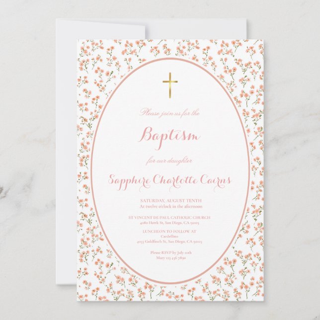 Invitación de Bautizo de Niña con Acuarela de Flor (Anverso)