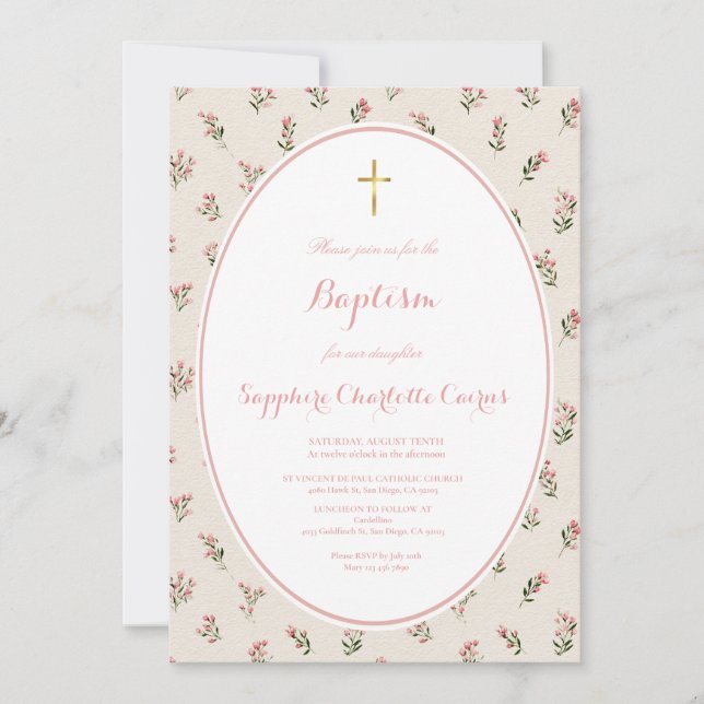 Invitación de Bautizo de Niña con Acuarela de Flor (Anverso)