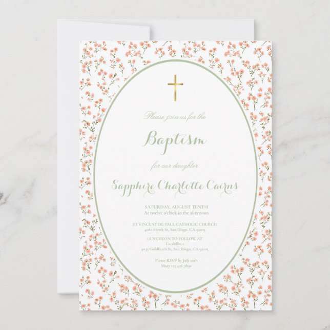 Invitación de Bautizo de Niña con Acuarela de Flor (Anverso)